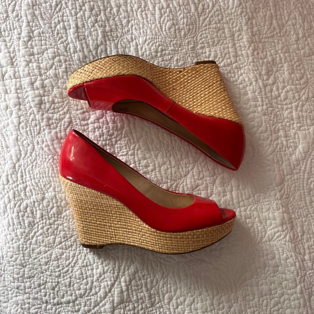 Franco Sarto Coral Patent Peep Toe Wedges with Cork Heel Size 8